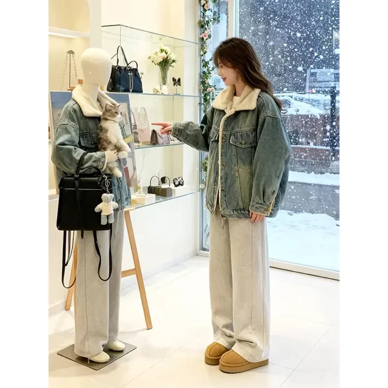 加绒加厚牛仔外套冬装新款2025韩版宽松棉衣休闲服夹克上衣6395#