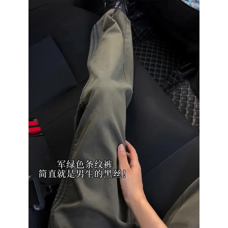 美式复古军绿色条纹裤子男生秋冬直筒工装裤cleanfit休闲运动长裤