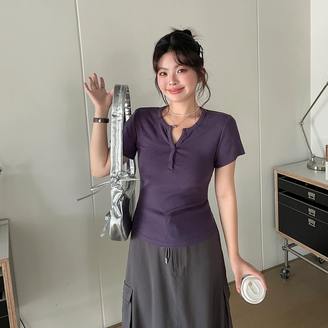 【现现专场】2025超好看温柔独特上衣胖mm大码韩系风短款正肩t恤