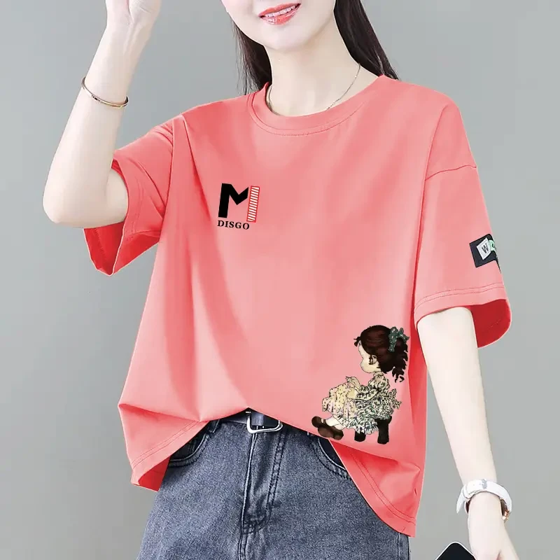 100纯棉短袖t恤女2025夏季新款韩版洋气休闲时尚宽松大码圆领上衣