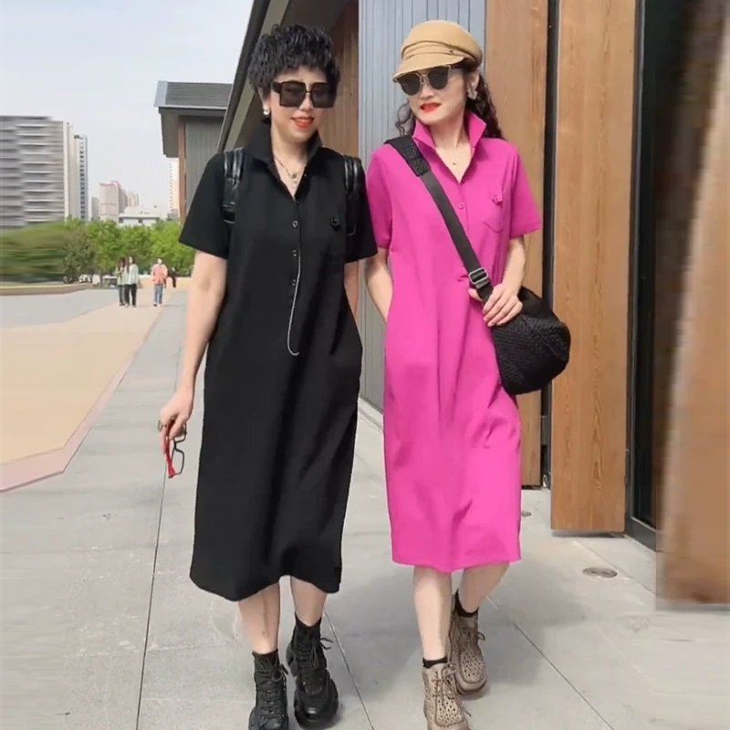 欧货高端polo翻领体T恤长裙子夏季新款大码宽松短袖休闲连衣裙女t
