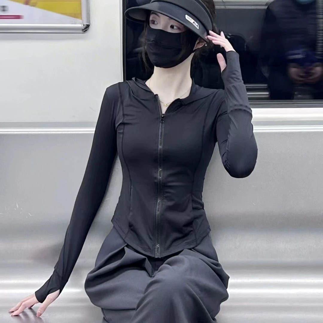 黑色防晒衣女夏季2025新款修身防紫外线防晒服开衫薄款冰丝外套潮