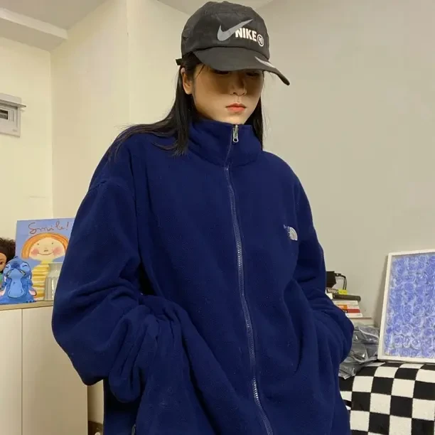 慵懒风加绒加厚宽松潮流秋冬季摇粒绒外套胸围148cm 衣长76cm