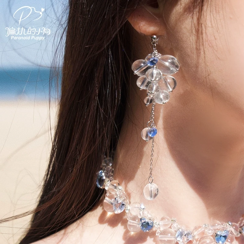 铜合金合成锆石耳饰 原创《绫》蓝色串珠流苏耳环女小众设计耳饰潮