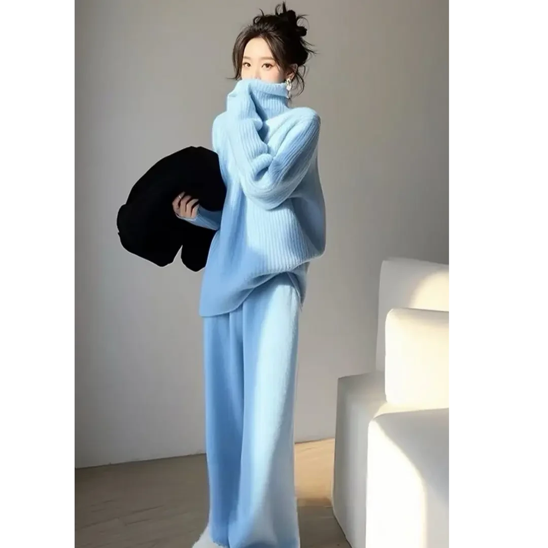 冬装搭配一整套高级感慵懒松弛感蓝色高领毛衣休闲套装女外穿时尚