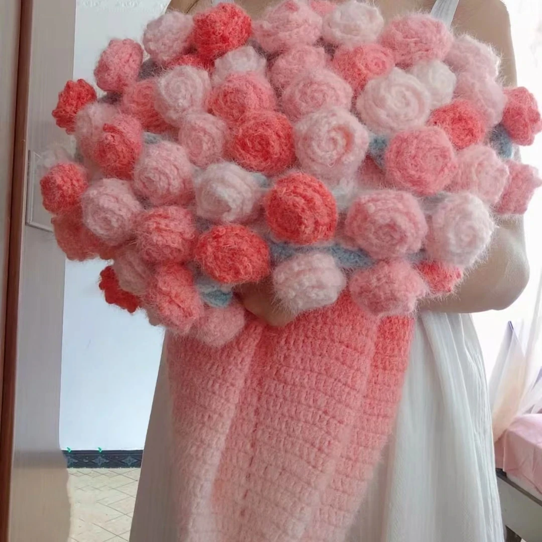 【庭百盛】渐变绒毛玫瑰花束毯子diy手工编织七星花束毯针织花束毯