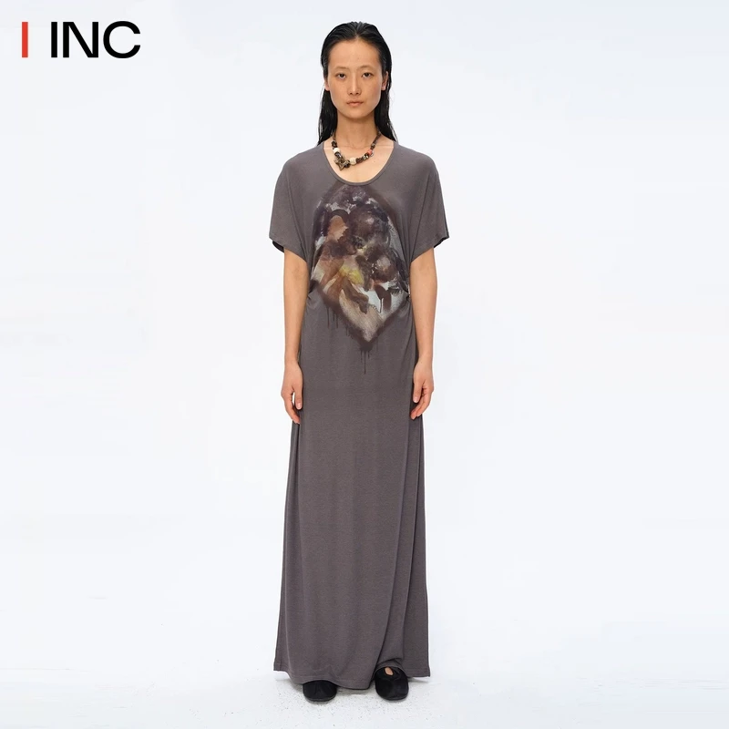 SQUARE CIRCLE方圆 25SS印花收腰抽褶短袖连衣裙春夏新款宽松长裙