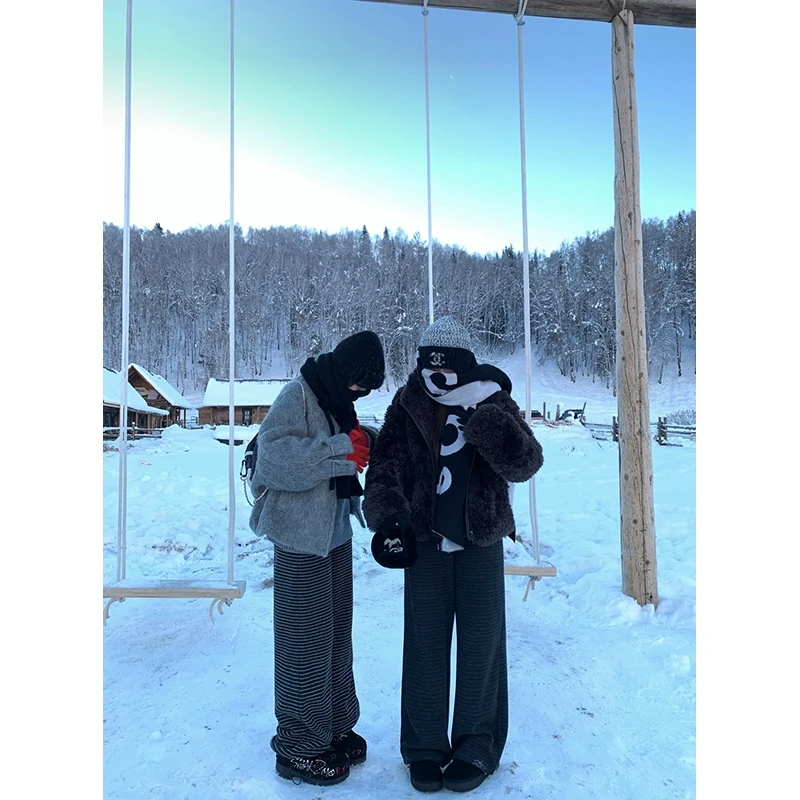 小君君布兰妮 街区艺术家/时髦Bi备加绒高腰直筒显瘦条纹垂垂裤女