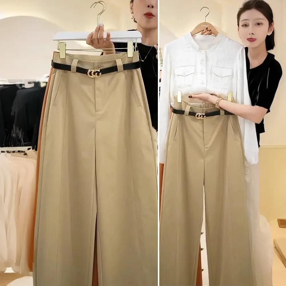 卡其色阔腿裤女2025新款春秋季西装裤垂感休闲裤宽松高腰直筒裤子