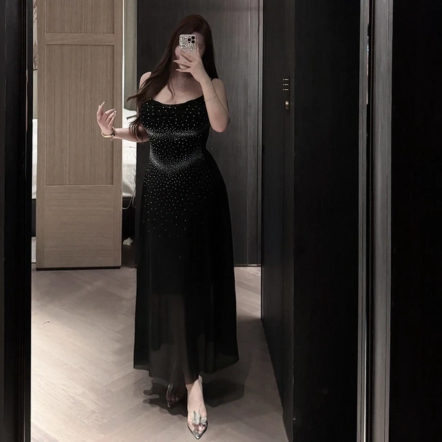胖婷大码定制微胖mm「醺光宴会」性感黑色烫钻高级感高弹荡领长裙