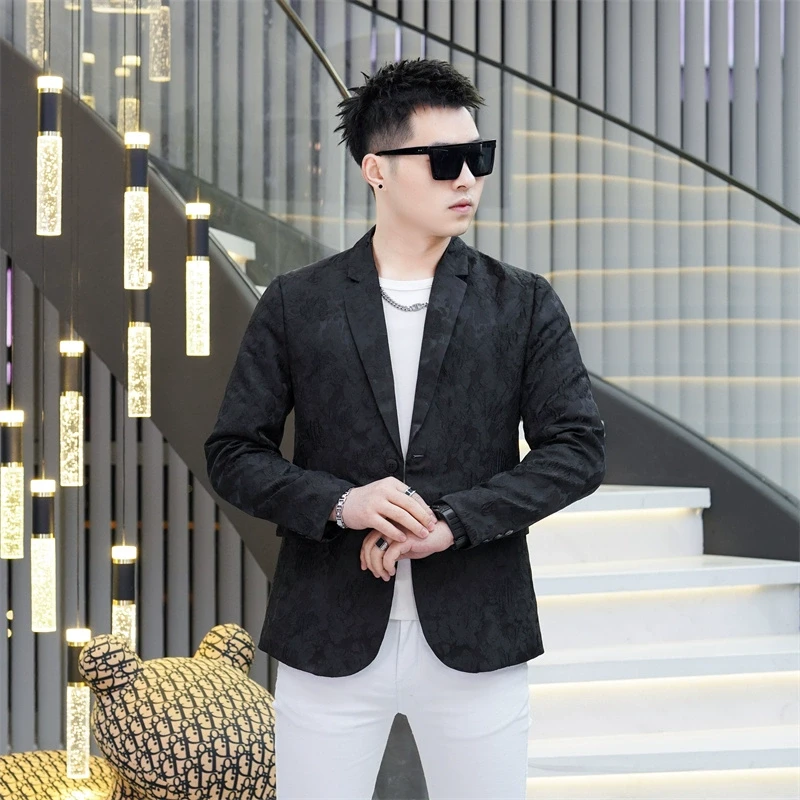 潮牌休闲西装外套男春秋新款潮流韩版修身提花西服男士男款便西