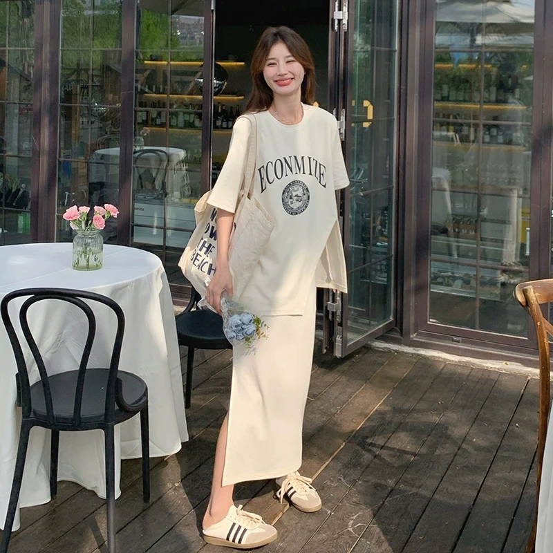 韩系流行白色开叉T恤半身裙两件套装裙女夏休闲运动风盐系炸街