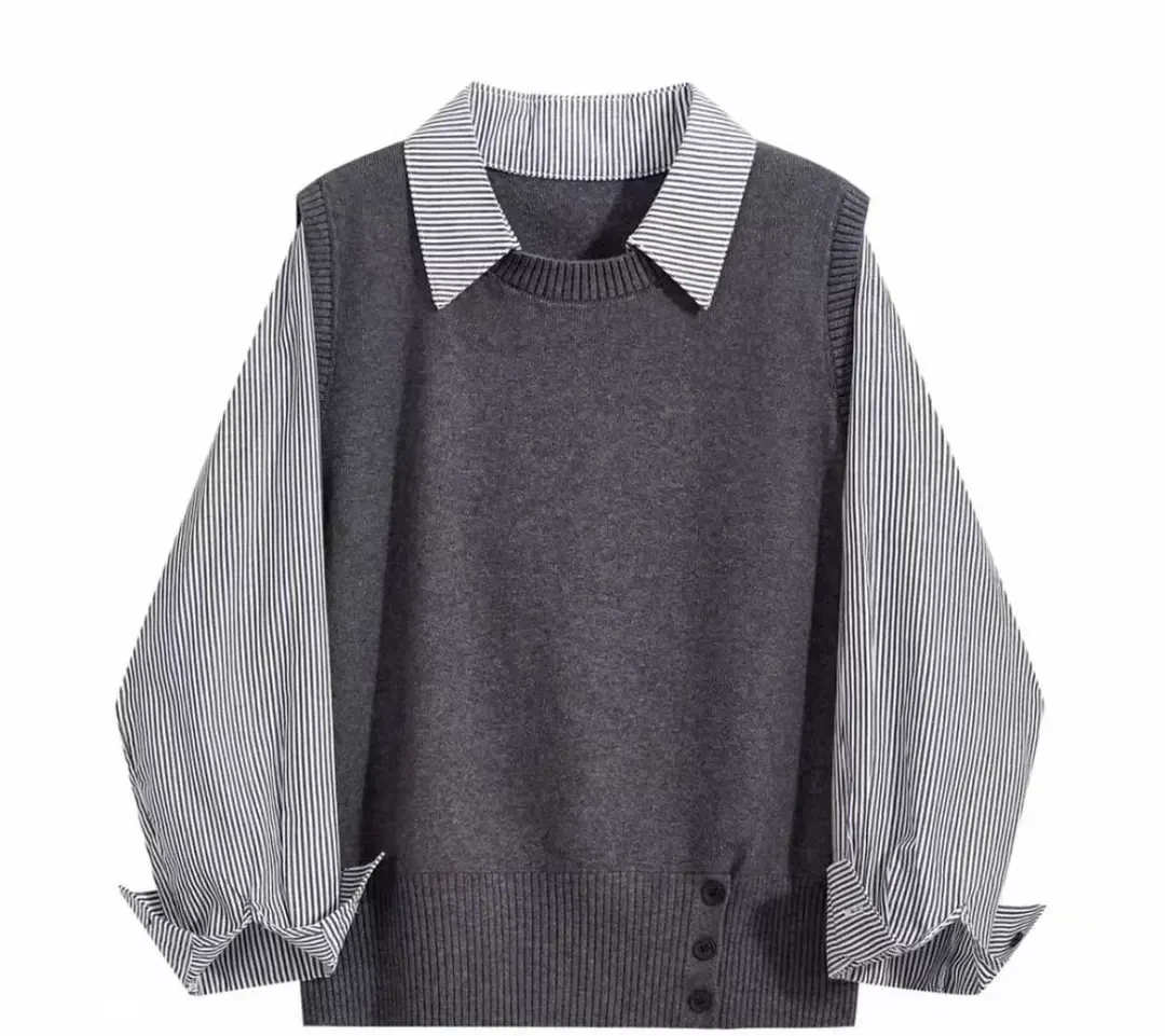 【现货运险】针织拼接假两件毛衣秋冬季小个子慵懒高级感针织衫上衣