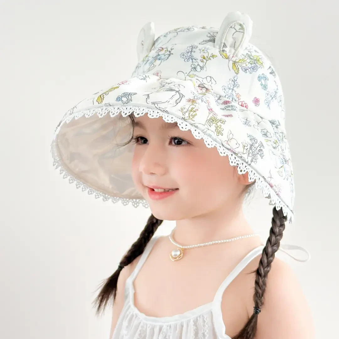 女宝宝帽子春秋薄款韩系洋气女童花边遮阳帽可调节碎花兔耳渔夫帽