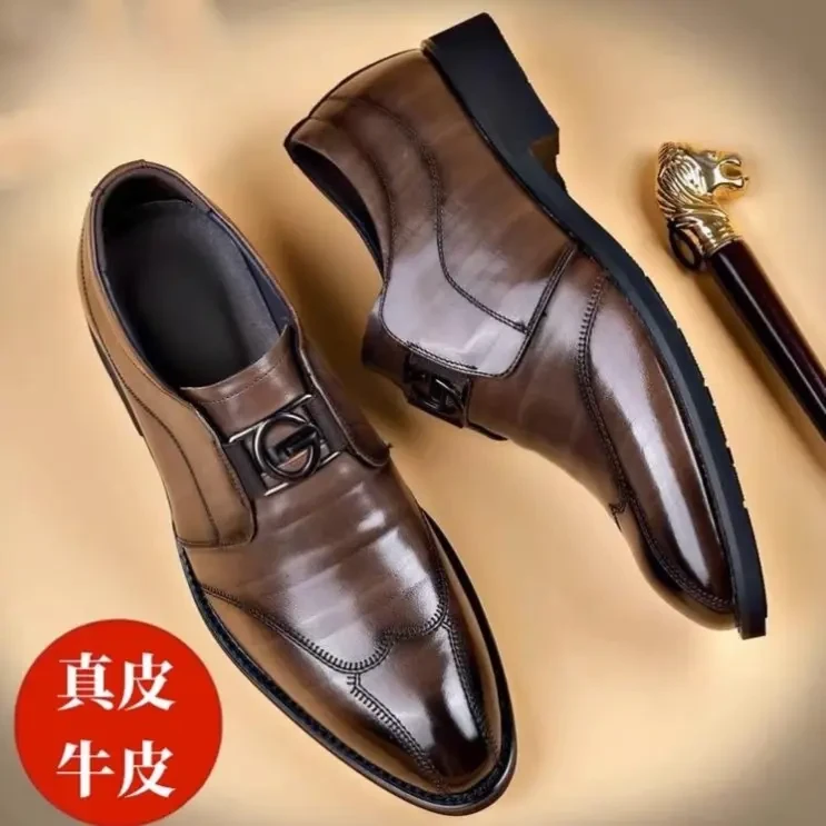 男鞋春季新款商务休闲正装皮鞋男士真皮英伦尖头新郎男款结婚鞋