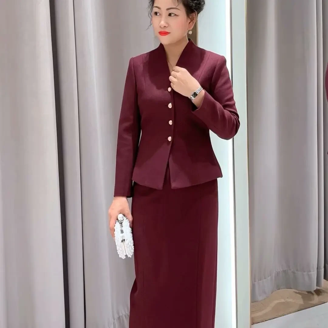 时尚高端长袖紫红色气质显瘦女装秋冬礼裙套装