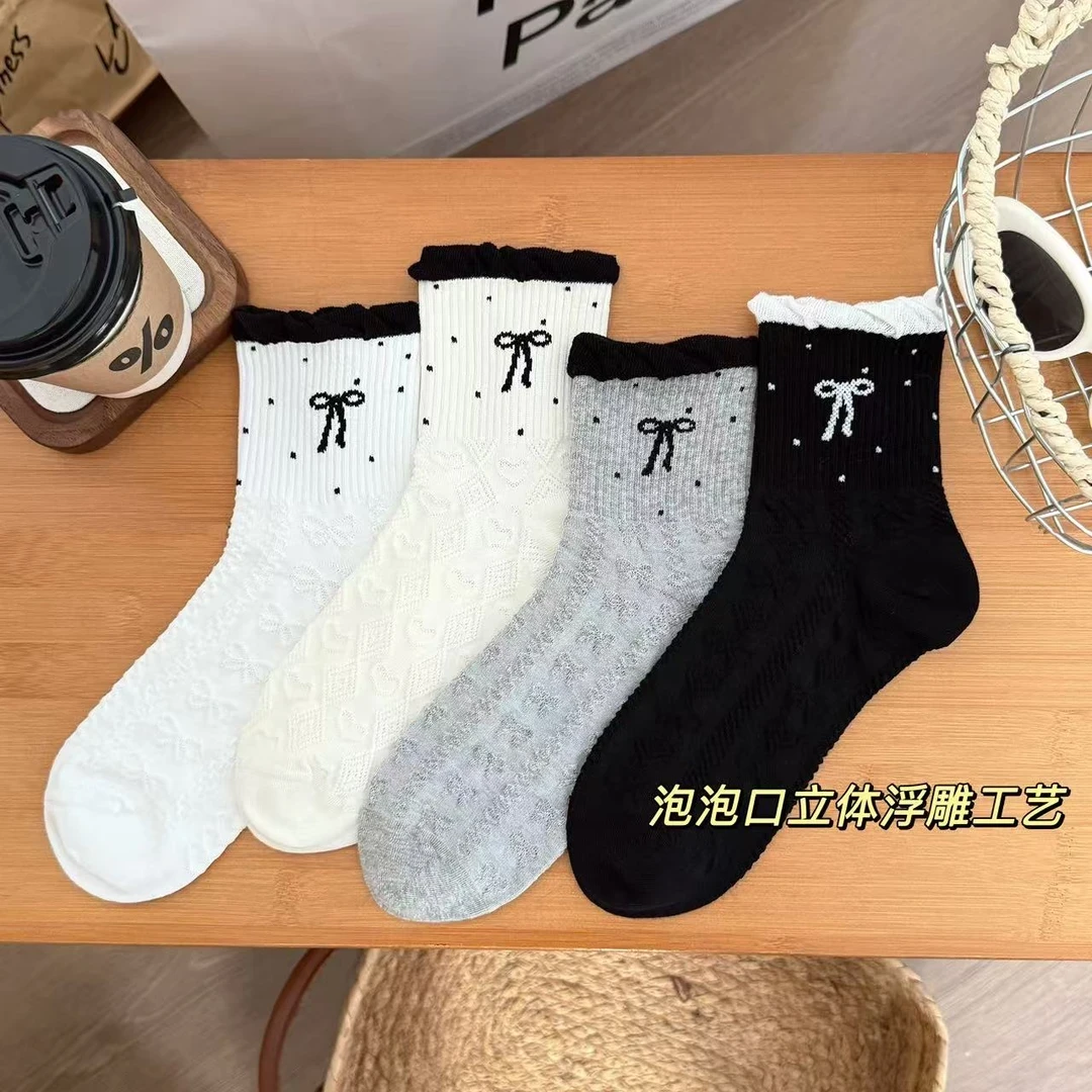 蝴蝶结浮雕泡泡口花边春夏新款堆堆袜学生ins女袜网红中筒船袜