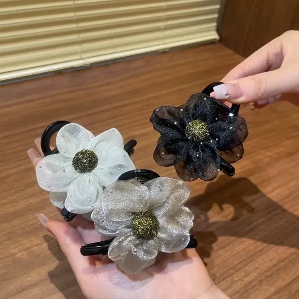 【熠耀】高端网纱太阳花水钻花朵抓夹马尾丸子头气质百搭饰配