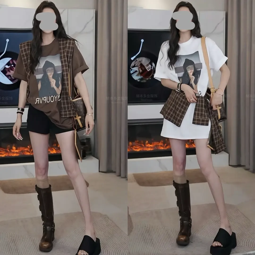 2025夏季时尚洋气格子披肩印花宽松短袖T恤上衣百搭休闲套装