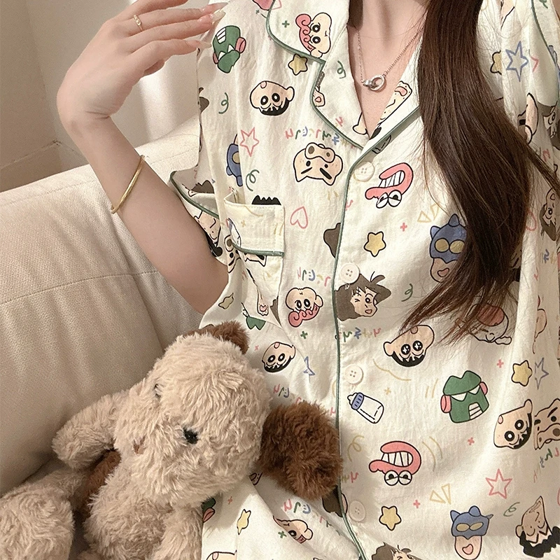 日系蜡笔小新全家福睡衣女夏季短袖泡泡棉可爱少女三件套装