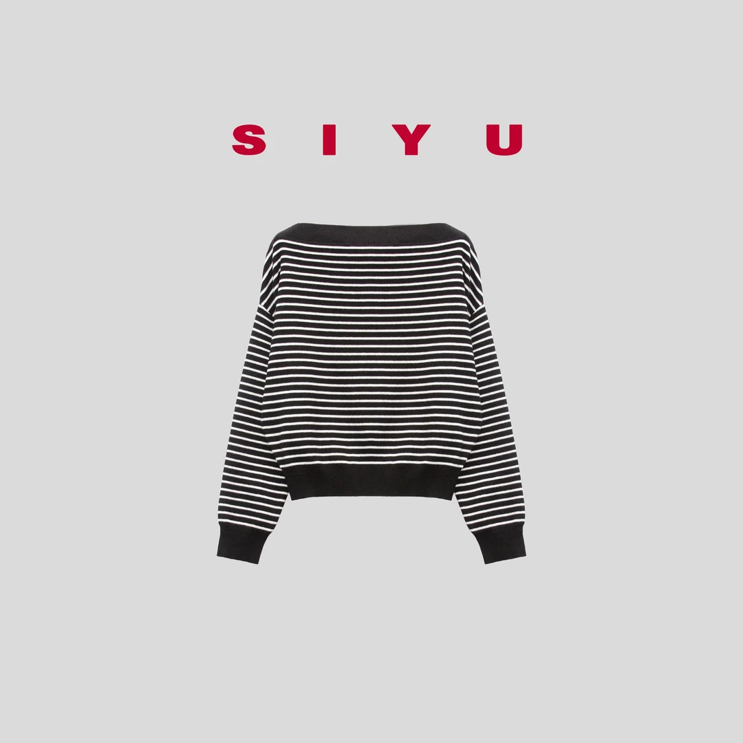 【WOUWOU】一字领黑白条纹针织毛衣