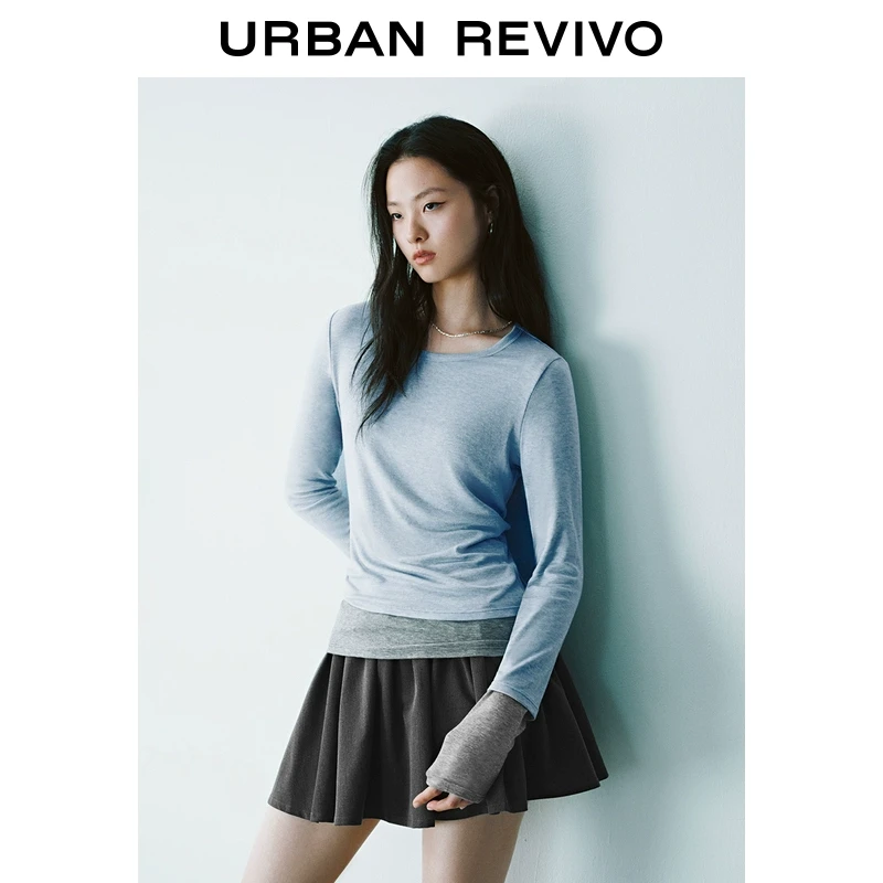 UR2025秋季新款女装撞色拼接假两件修身长袖T恤UYU450007