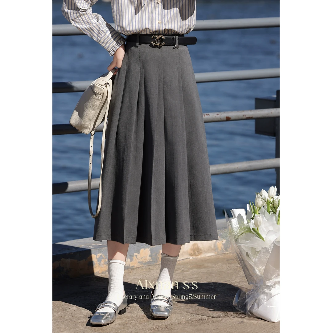 【鹿盯盯】微胖大码女装法式高腰半身裙新款百褶裙直筒裙子D01718