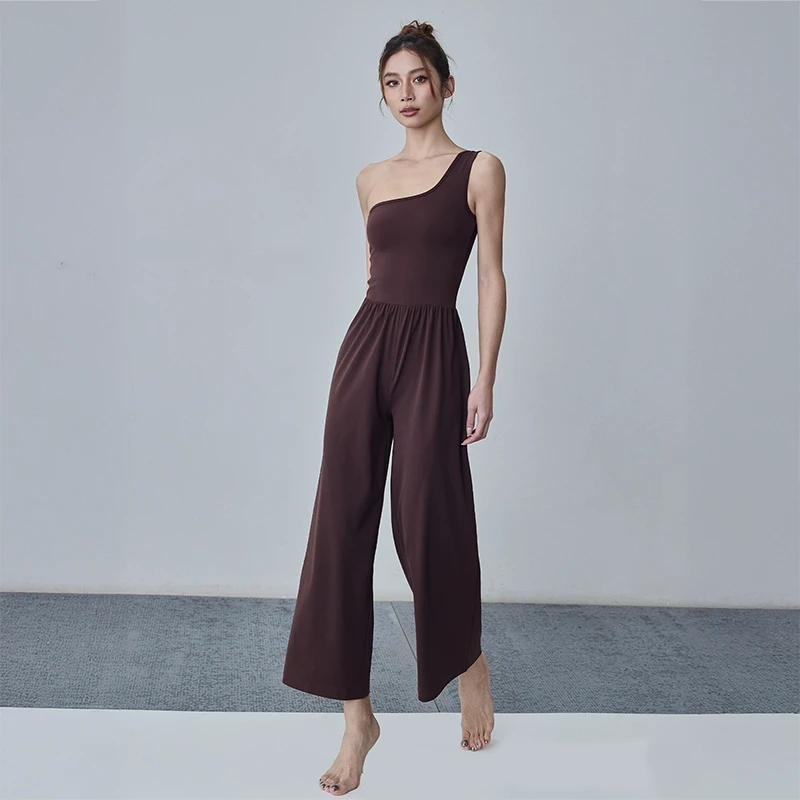 DCW带胸垫瑜伽服连衣裤单肩露背普拉提训练健身连体衣阔腿运动裤