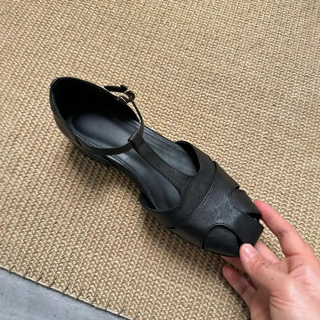 高级感~正品复古包头鞋女低跟百搭镂空透气一字带通勤显瘦罗马鞋