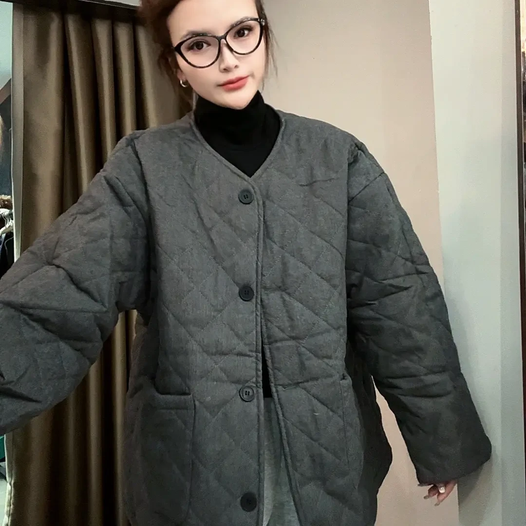 0978#韩系简约菱格夹棉中长款宽松显瘦双口袋棉服外套女秋冬新款