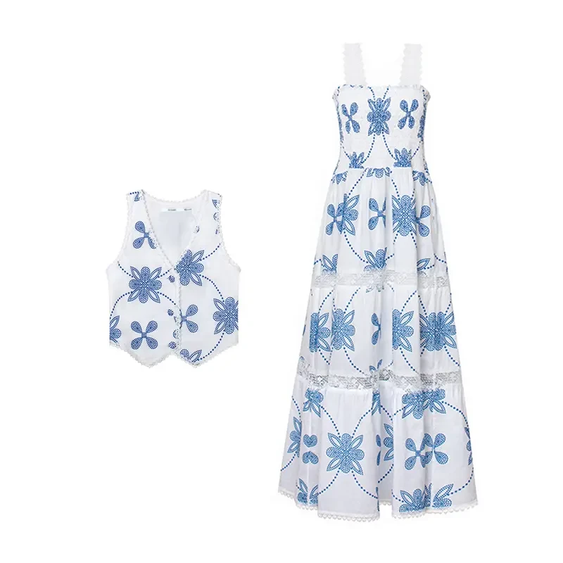 TOPCLOSET 法式复古蓝白印花纯棉蕾丝拼接马甲/吊带裙T25K7227