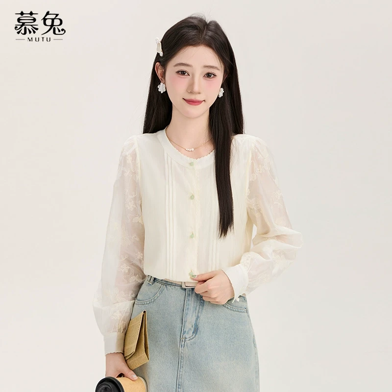 慕兔法式气质提花长袖衬衫女2025夏季新款设计感小众宽松显瘦上衣