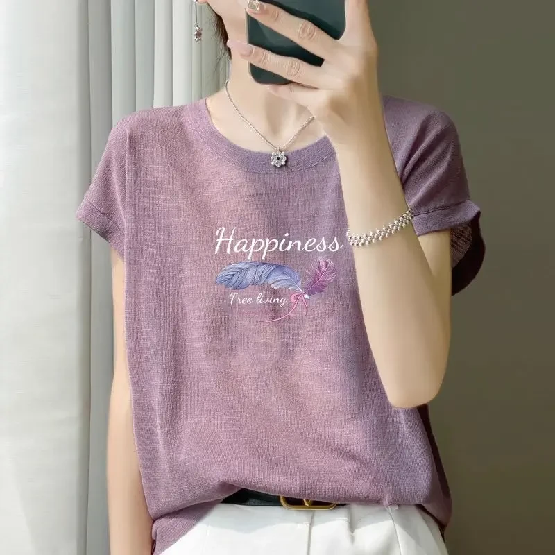 啄木鸟冰丝竹节棉麻短袖T恤女夏季新款宽松显瘦凉爽减龄半袖上衣
