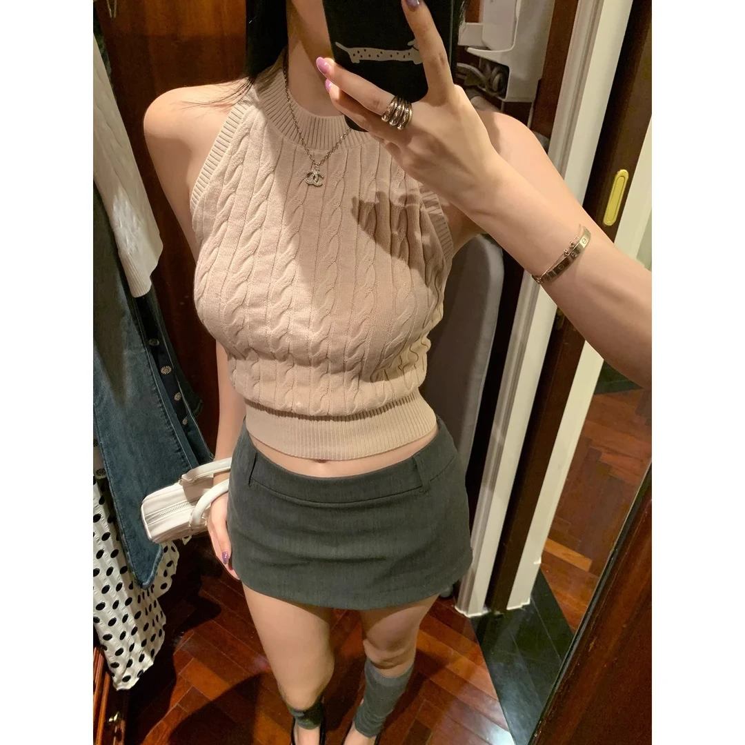 设计感针织无袖挂脖短款辣妹背心女2025夏季外穿上衣