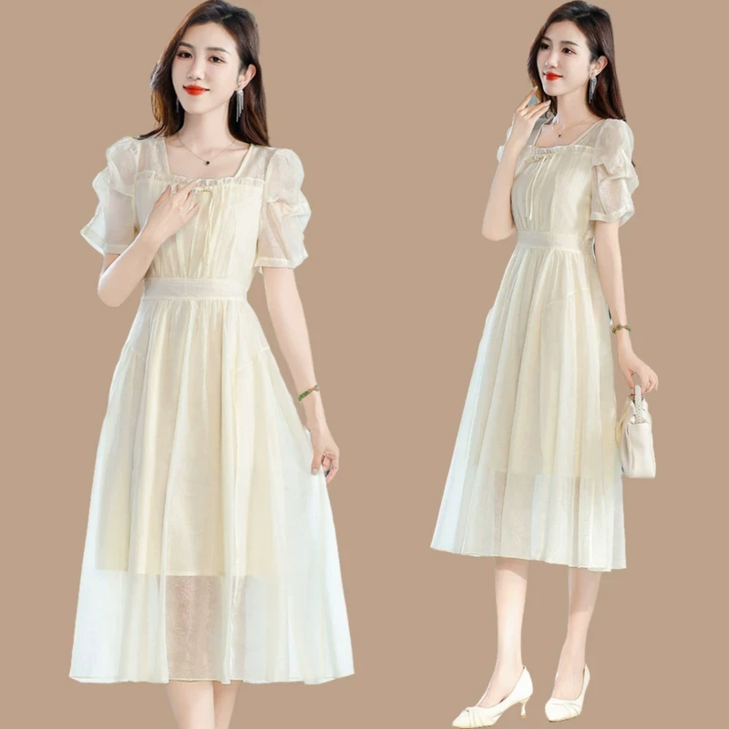 林肯羊泡泡袖连衣裙女夏季新款法式高级感气质收腰显瘦高端精致纱