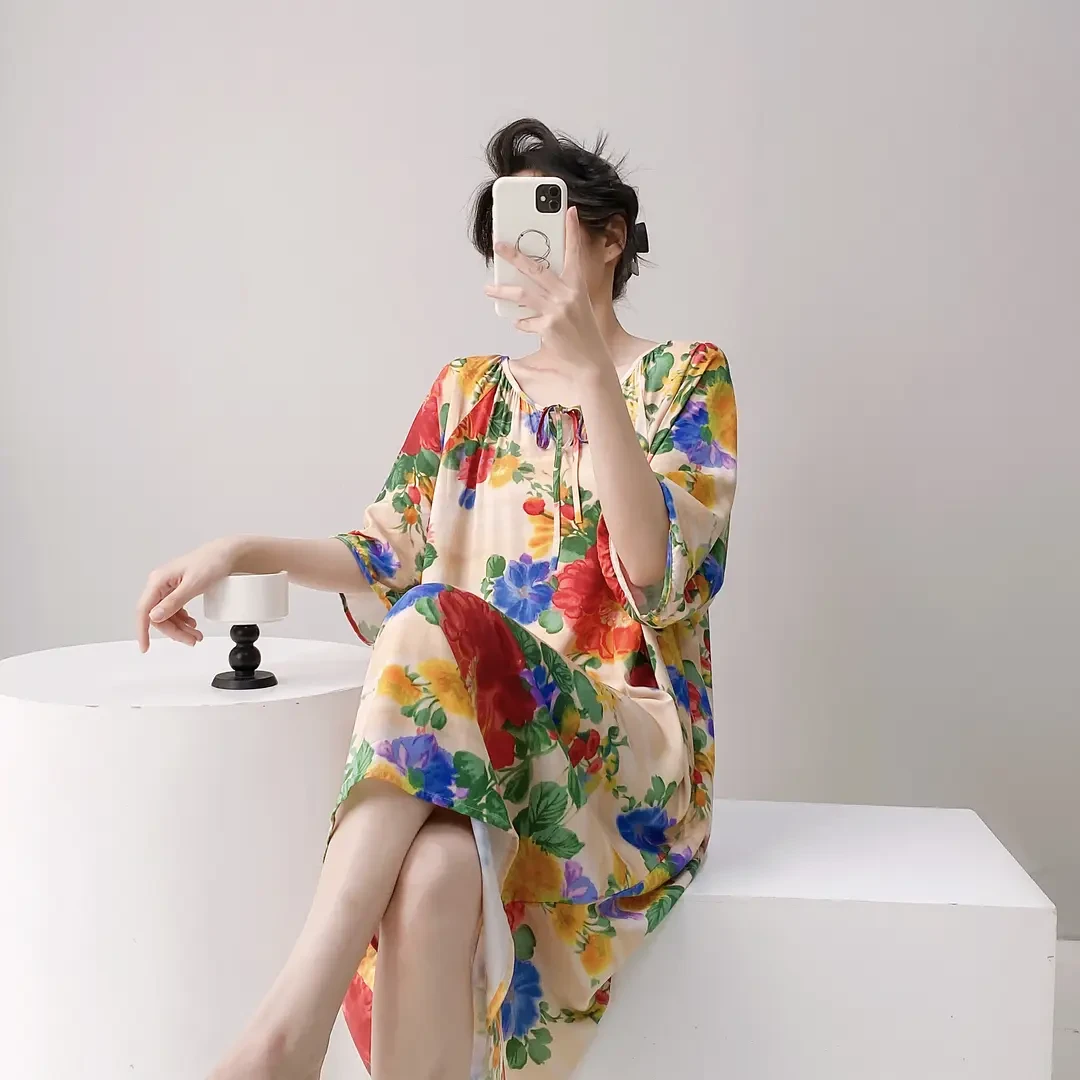 新中式国风睡裙女夏文艺复古圆领长袍女士中长款家居服暗纹棉绸裙