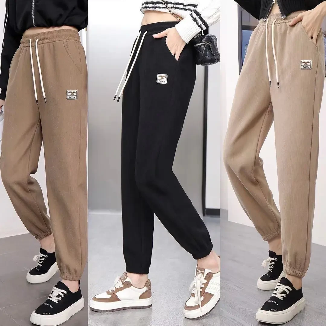 梦美静春夏款卫裤不加绒休闲束脚女竖条显瘦修身不起球裤子