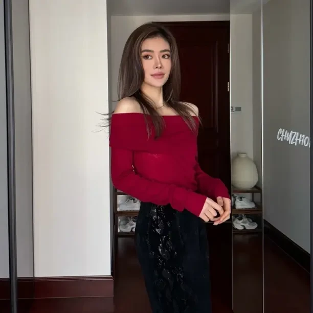 法式一字领毛针织衫红色秋冬长袖针织针织衫修身气质