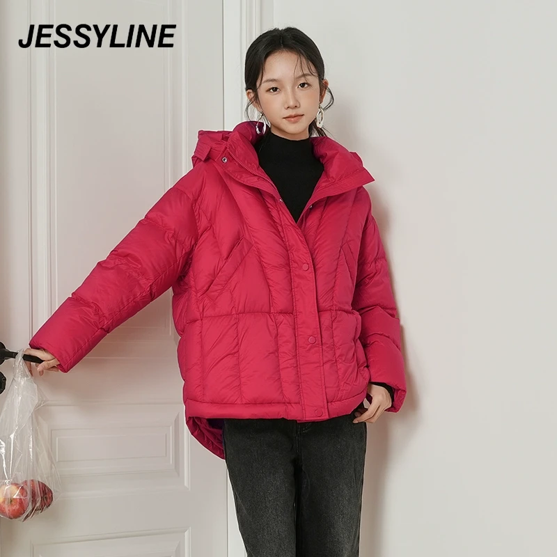 jessyline冬装新款羽绒服 杰茜莱红色宽松连帽洋气保暖外套