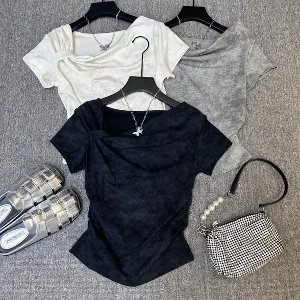 不规则扎染绑带收腰短袖女2025夏新款设计感减龄时髦气质上衣时尚