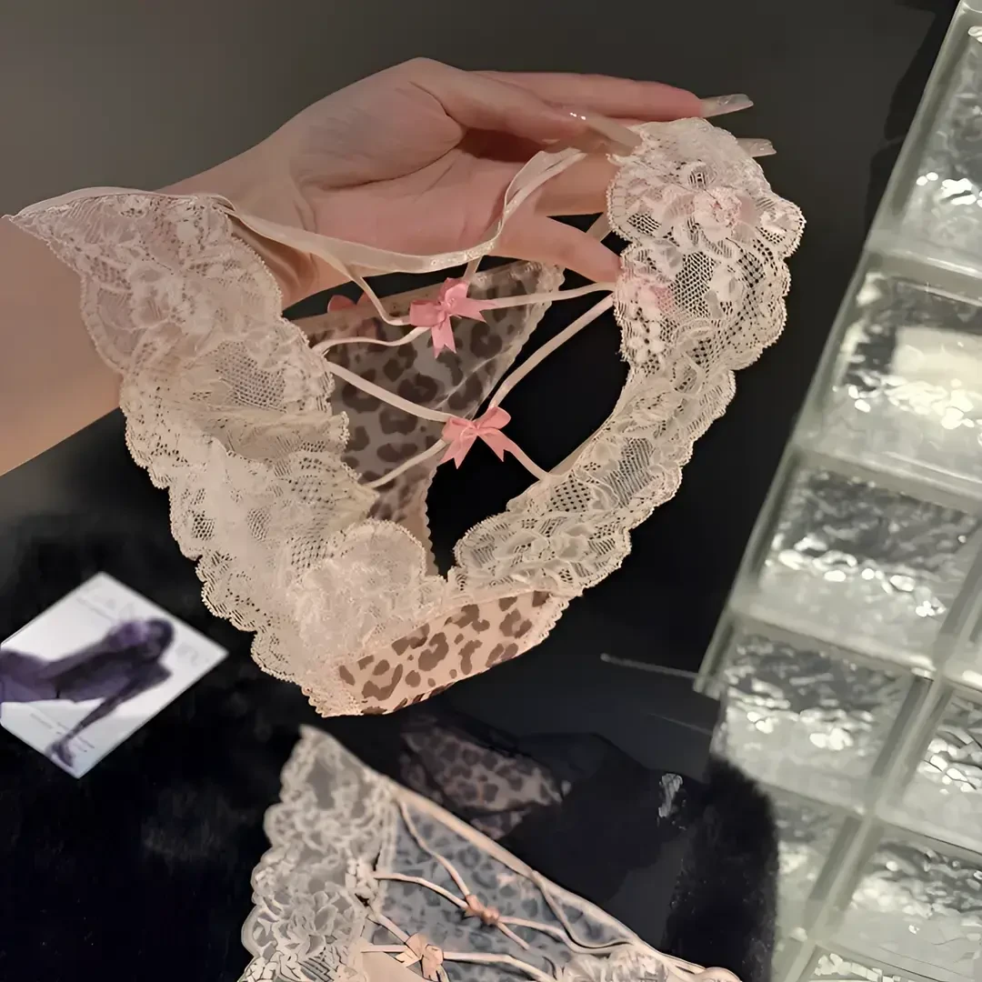 欧美风轻奢性感蕾丝豹纹交叉绑带镂空低腰蝴蝶结三角内裤夏季薄款