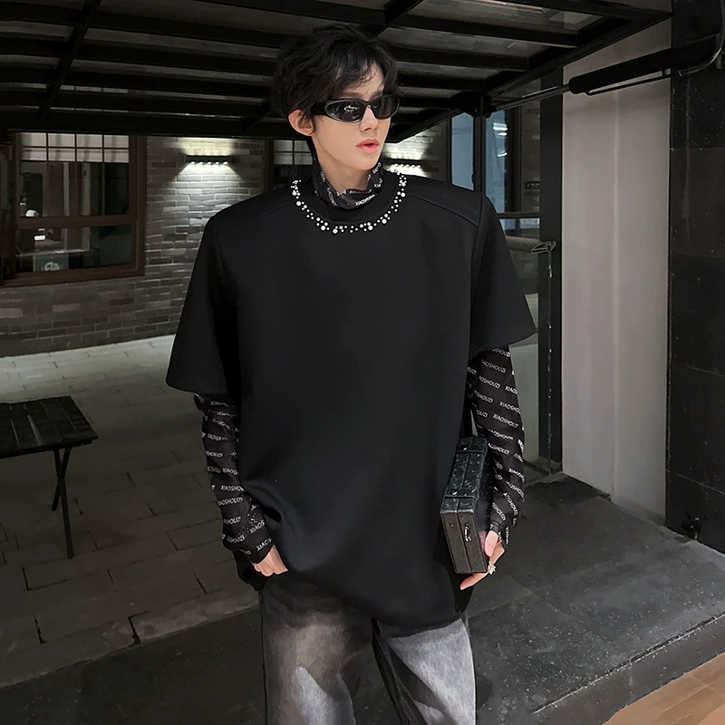 珍珠领圆领短袖t恤男潮牌痞帅宽松休闲气质夏装可拆卸垫肩上衣潮