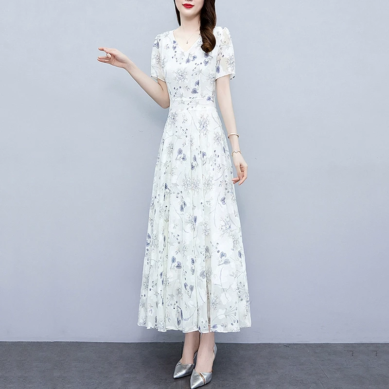 碎花雪纺连衣裙子女士夏季2025年新款高端大码遮肉显瘦气质中长裙
