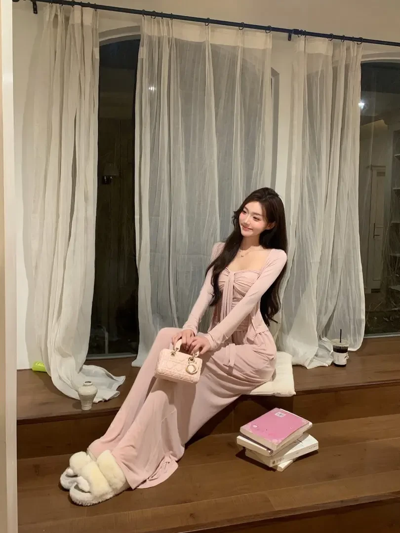 白水女 温柔风套装粉色吊带开衫阔腿裤包臀半身裙B50853001