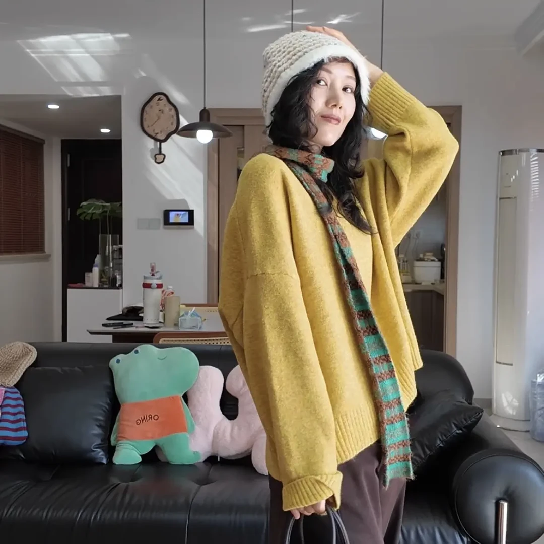 韩系慵懒软糯厚实宽松毛衣秋冬百搭针织时尚慵懒风韩版复古冬季