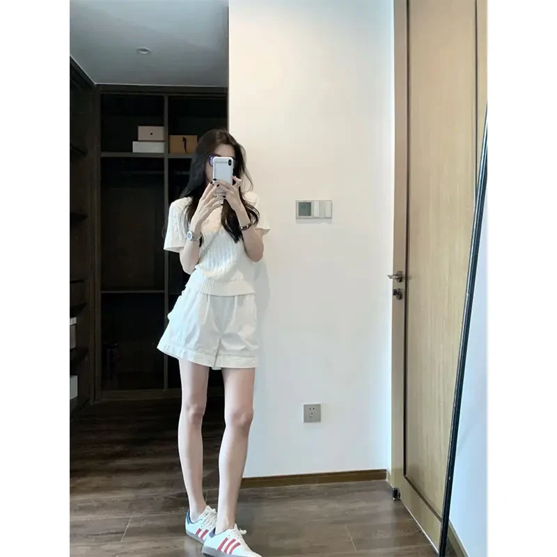 千金清冷感贵系衣服针织短袖上衣夏季外穿高腰修身显瘦直筒短裤女