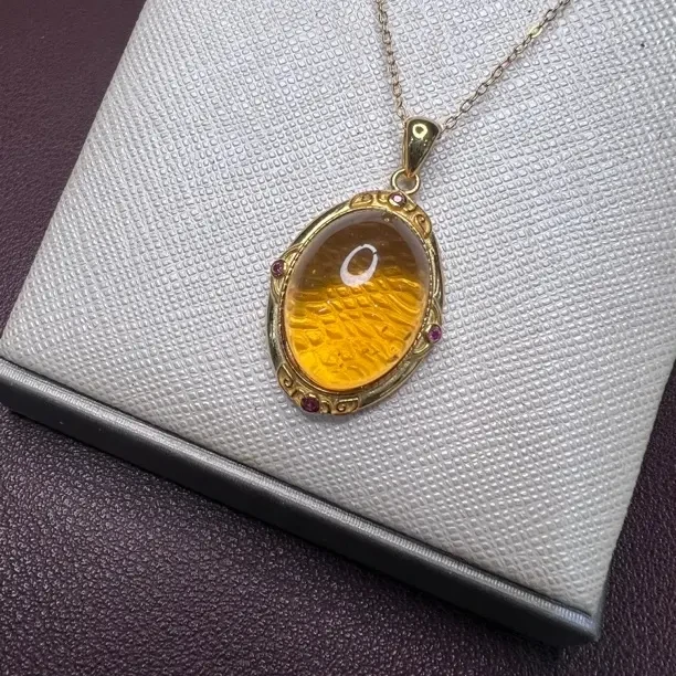 抚顺净水带冰花金珀吊坠 托和链是925银镀金镶嵌