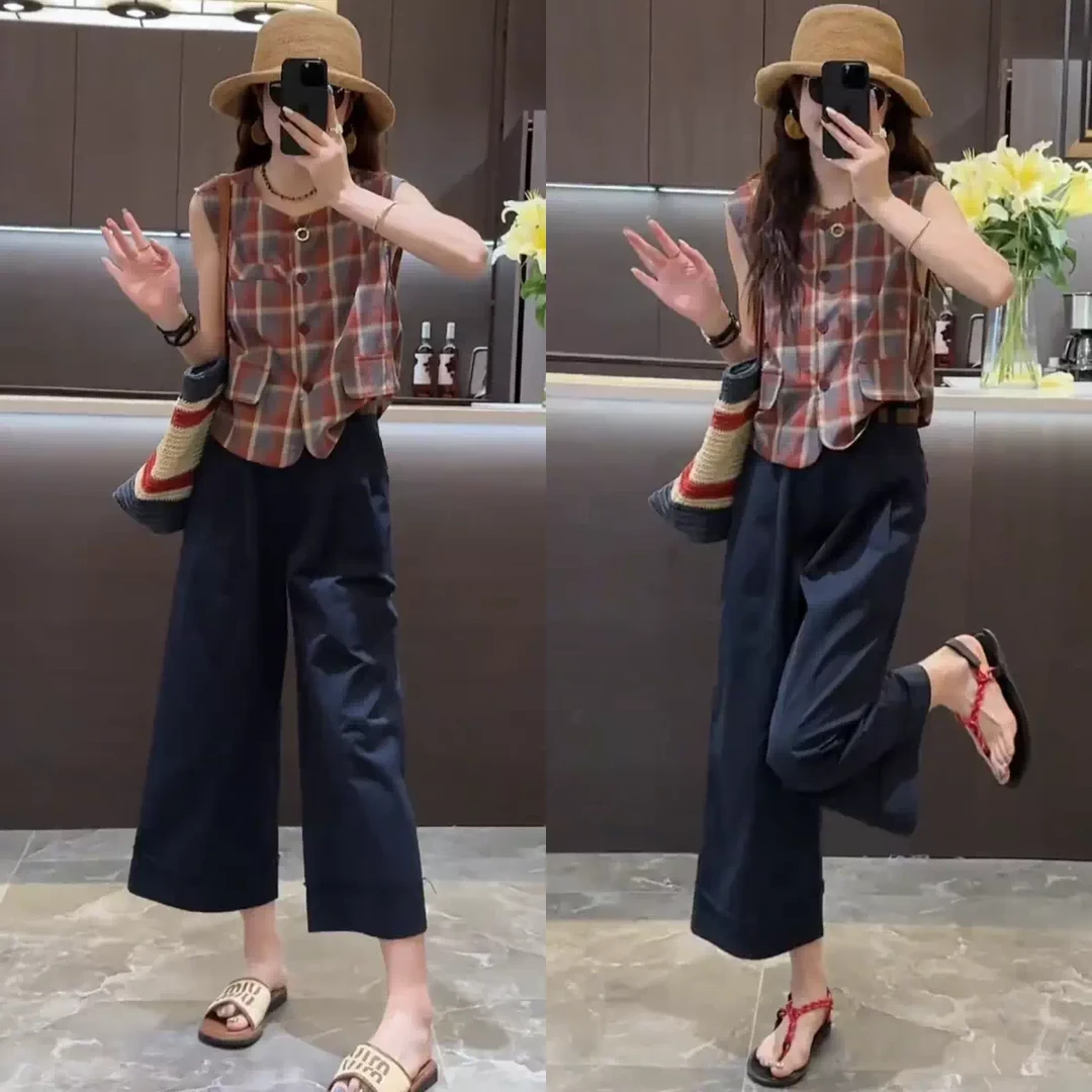 夏装搭配一整套彩色格子坎肩衬衫阔腿裤两件套小个子显高时尚套装