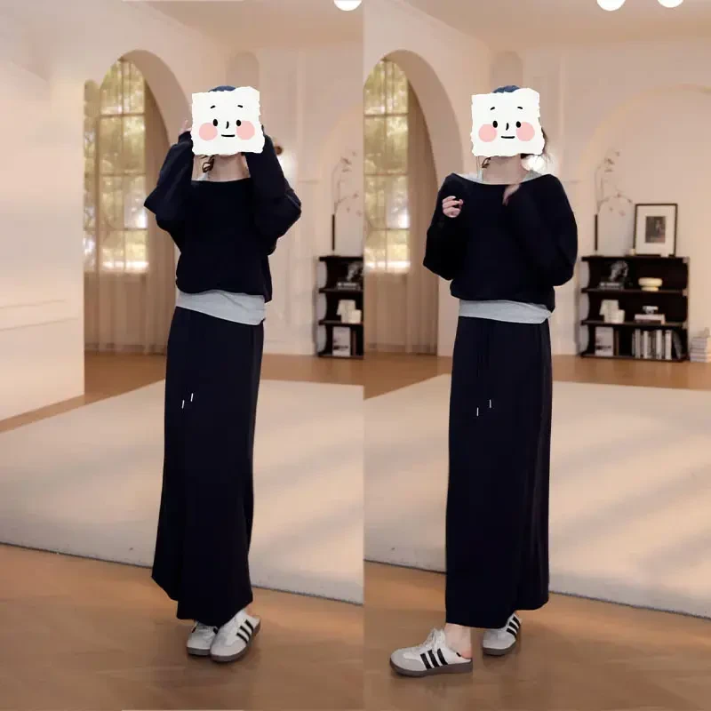 早秋时尚宽松韩系休闲慵懒风百搭假两件背心卫衣高腰半身裙两件套