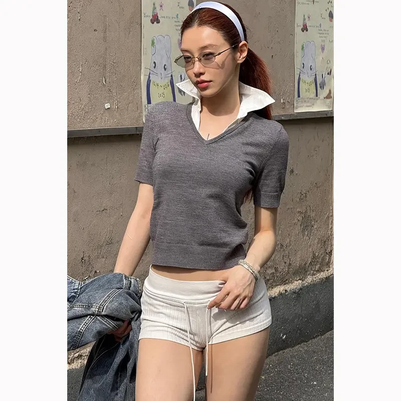 新款学院风减龄翻领休闲假两件拼接百搭短袖针织上衣短裤套装夏季